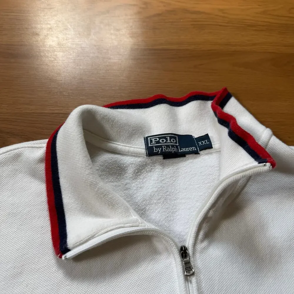 Men's Vintage Polo Ralph Lauren White Red Blue 1/4 Zip Pullover Sweatshirt 2XL